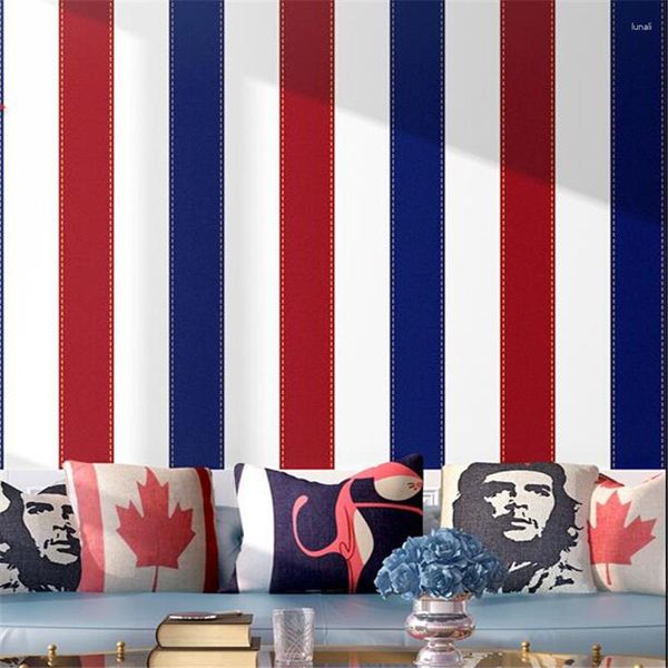 Обои Wellyu European и American Style Pure Paper Retro Boy Room Красная синяя вертикальная полоса