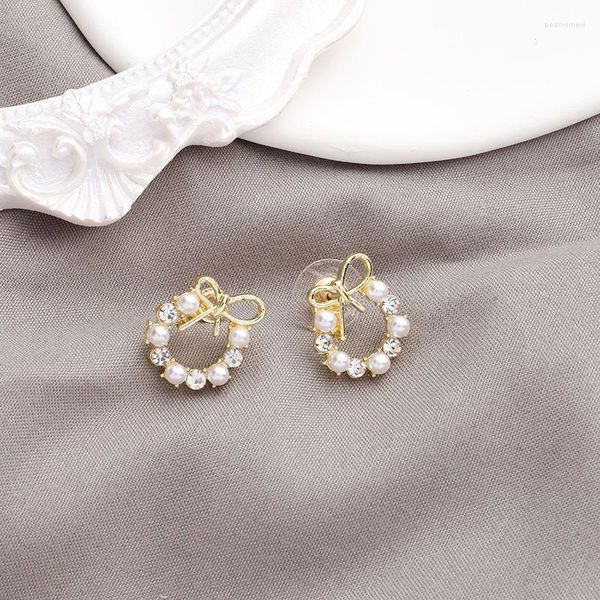 Orecchini a bottone squisita perla bowknot ghirlanda di cristallo per le donne orecchio rotondo cavo gioielli da sposa regalo pendientes all'ingrosso