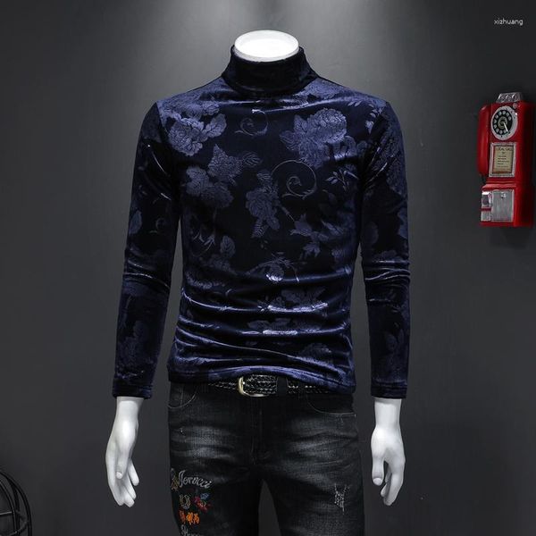 Camisas masculinas 2023 outono gola alta flor azul impresso quente veludo t-shirts homens casuais magro duplo em camadas para M-4XL