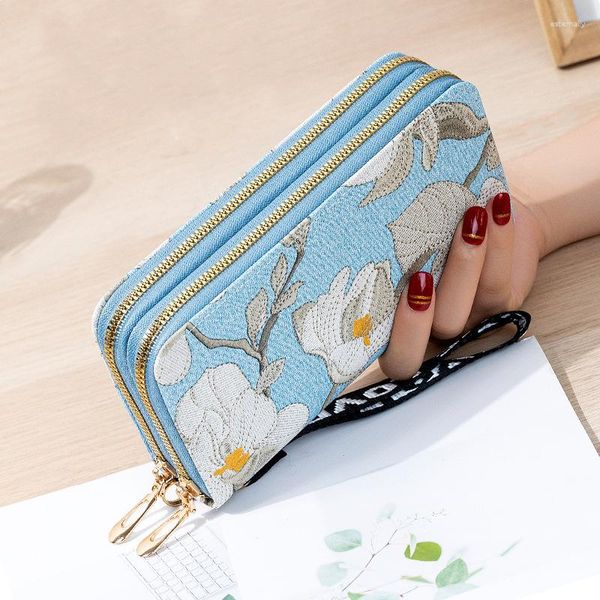 Carteiras femininas carteira longa moda flor moeda bolsa embreagem duplo zíper saco de pulso bolsa de dinheiro titular de cartões de telefone bolsas billfold