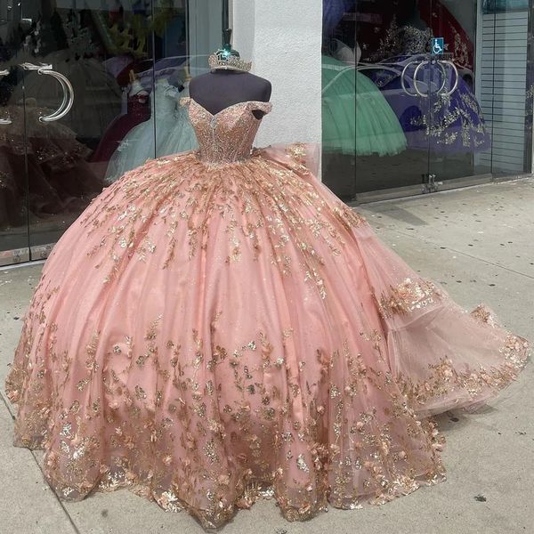 2023 Prenses Pembe Süslenmiş Tatlı 16 Quinceanera Elbise Dantel Aplikler Kokteyl Elbiseleri Vestidos de Baile Balo Gown