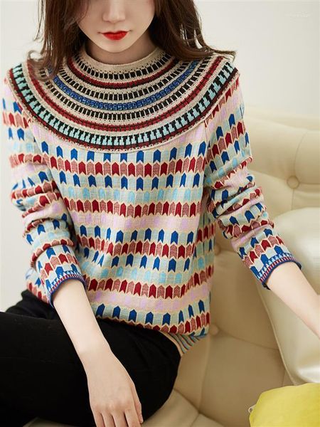 Suéteres femininos retro cor arte forma geométrica brilhante seda imitação lã suéter