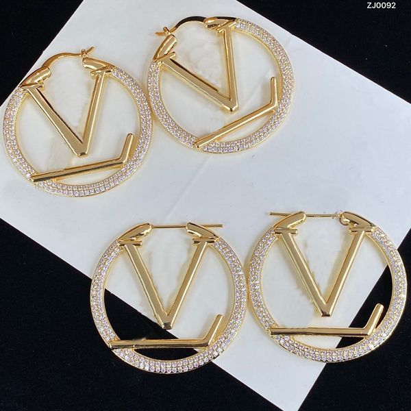 Marca de luxo projetada para mulheres ouro prata diamantes exagerados brinco de argola grande letra L latão 18K chapeamento feminino brincos redondos joias de grife HLVE1 --02
