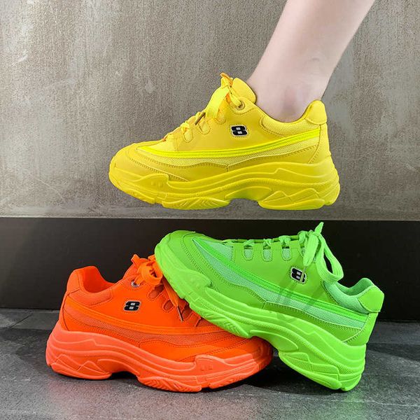 Macio casual grosso tênis plataforma verão respirável malha sapatos femininos liso amarelo esportes feminino laranja 2023 230821