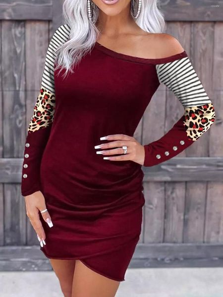 Vestidos casuais leopardo listrado envoltório botão um lado frio ombro bodycon vestido mulheres primavera sexy elegante clube festa manga longa