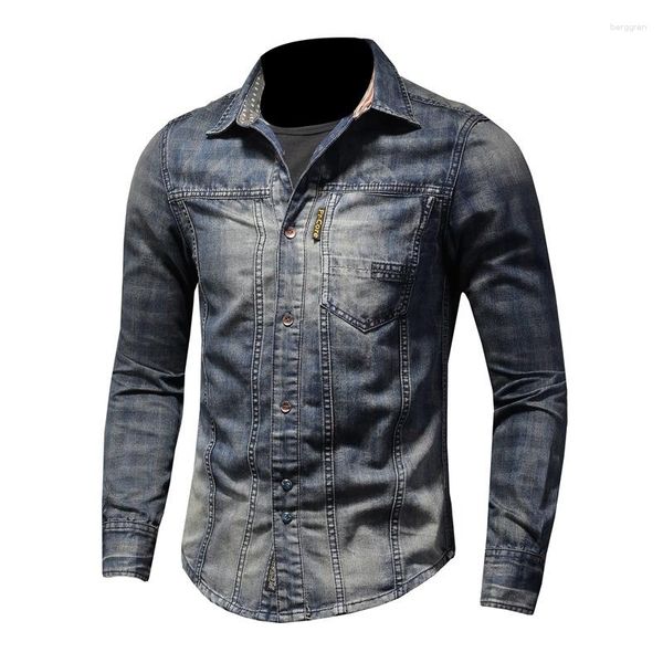 Herren Freizeithemden Männer Denim Patchwork Vintage Langarm Karodruck Jean Shirt Punk