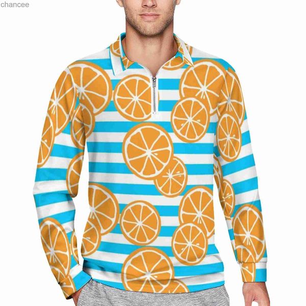 Oranges Slices Lose Poloshirts Herren Weiße und Blaue Streifen Langarm Casual T-Shirts Vintage Frühling Bedrucktes Hemd Plus Größe HKD230825