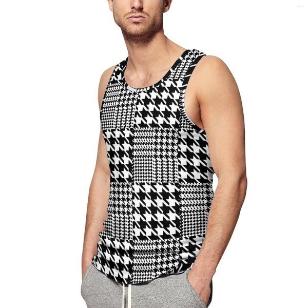 Regatas masculinas Houndstooth Patchwork Top Homens Preto e Branco Vintage Padrão de Treinamento Diário Camisas Sem Mangas Tamanho Grande 4XL 5XL