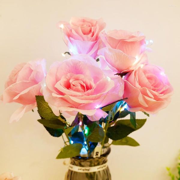 Fiori decorativi 40 cm rosa con bouquet artificiale in seta leggera a LED ramo lungo falso per la decorazione domestica della festa nuziale fai da te per interni