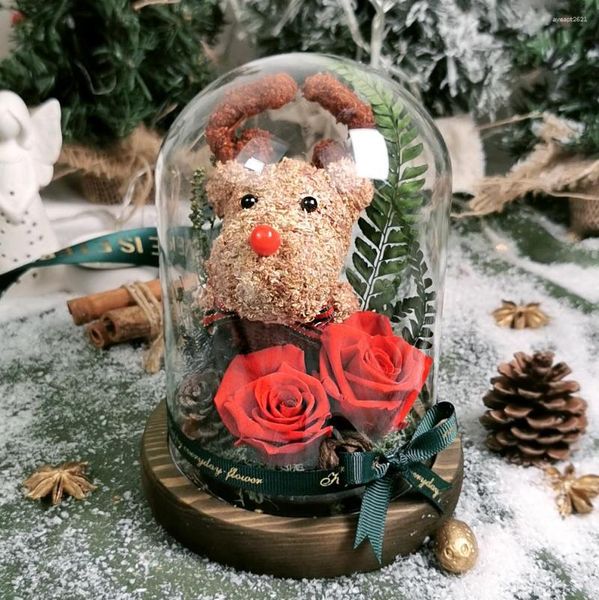 Fiori decorativi Decorazioni natalizie Cervi e secchi nella cupola di vetro 2023 San Valentino Regalo creativo Animali adorabili Ornamento floreale eterno