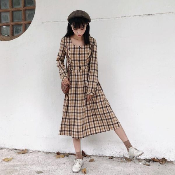 Lässige Kleider England Stil Student Süßes Lolita Kleid Vintage Gitter Oansatz Hohe Taille Langes viktorianisches Kawaii Mädchen Gothic OP COS