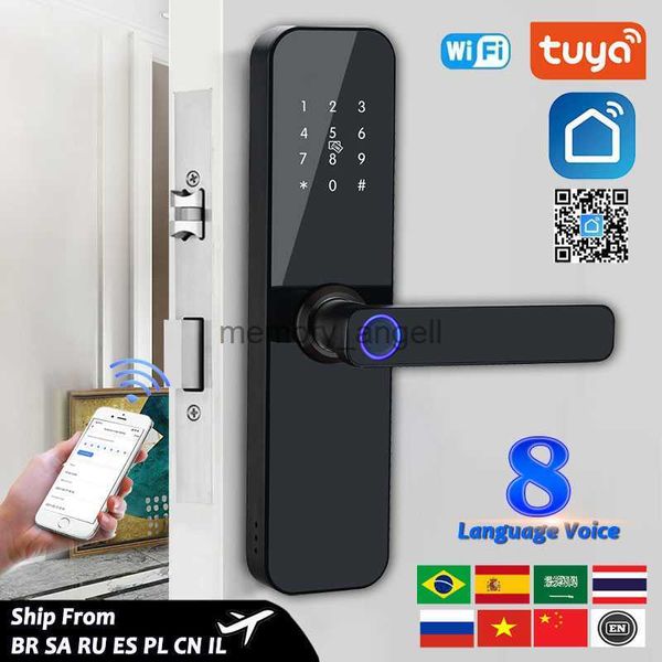 Fechadura de porta inteligente eletrônica Tuya Wifi com impressão digital biométrica / cartão inteligente / senha / desbloqueio de chave / carga de emergência USB HKD230825