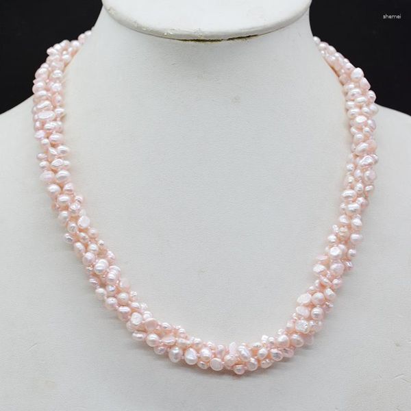 Кокер изящно! 4 ряда 4 мм (4А) Розовый натуральный барочный жемчужный ожерелье 19 