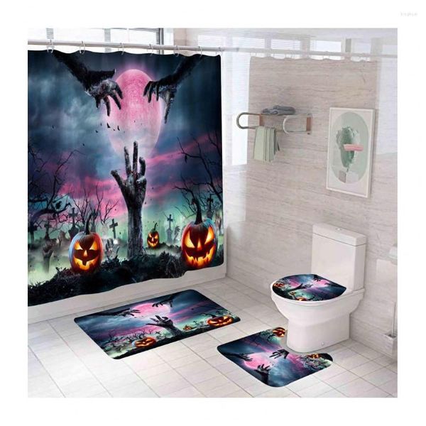 Cortinas de chuveiro Conjuntos de cortinas de Halloween Castelo Abóbora Design Tapetes Tampa de banheiro Tapete de banho