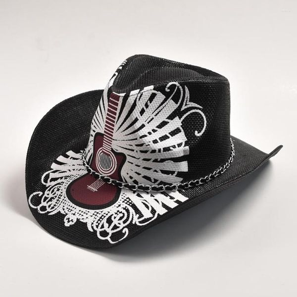 Berets Handgemachte Strohweberei Western Cowboyhut für Männer Frauen Modedruck Panama Cowgirl Jazz Beach Sun