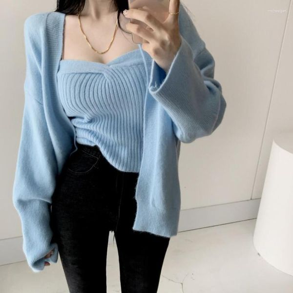 Suéteres femininos coreano chique temperamento fino malha suspender colete macio manga longa cardigan camisola casaco de duas peças conjunto terno feminino