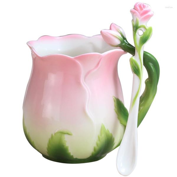 Крупки творческий европейский костный фарфетка кофейная чашка роскошный розовый розовый чай с ложкой Rose Rose кружка 320 мл эмалевой фарфор