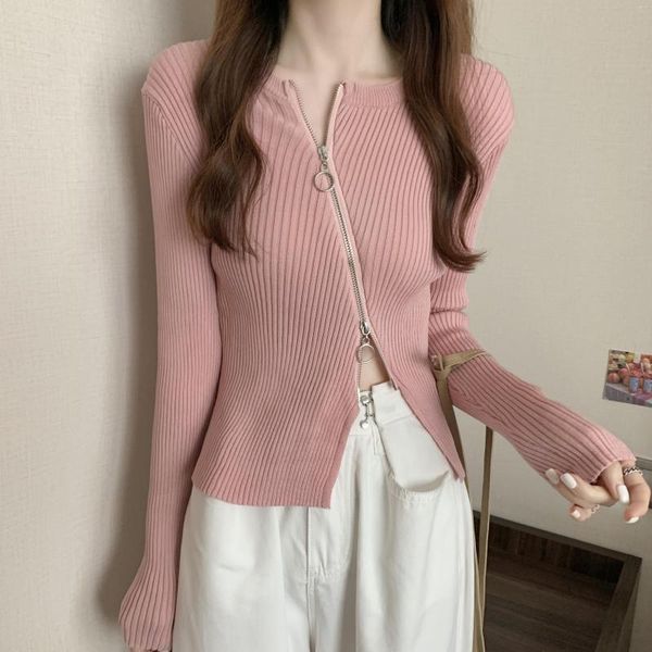 Suéteres femininos Moda coreana Irregular Cardigan Sweatershirt para mulheres Sólido Zip Up Slim T-shirt 2023 Outono Y2K Crop Tops Blusa