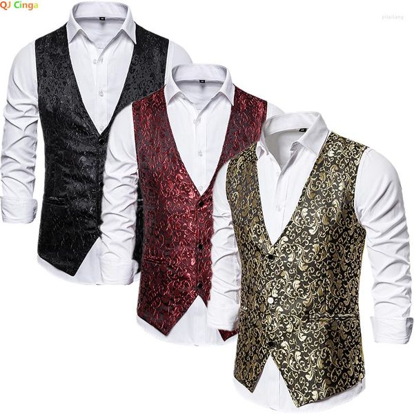 Coletes masculinos ouro jacquard tecido sem mangas colete jaqueta único breasted v-pescoço terno festa de casamento colete preto vinho vermelho xxl