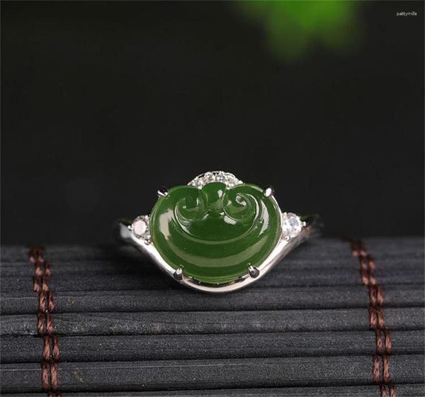 Cluster Rings Vintage 925 Silver Jasper Ruyi Lucky Ring Регулируется с сертификатом зеленого хетана нефритового пальца ретро -ретро -ювелирные украшения
