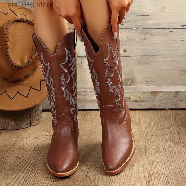 Botas Bordadas Botas de Cowboy para Mulheres Joelho Alto Midium Chunky Heel Apontou Toe Retro Clássico Western Cowgirl Botas 35-43 T230824