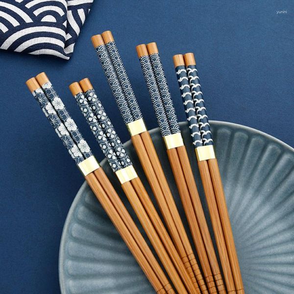 Set di bacchette in legno naturale giapponese, 5 coppie di fiori di sushi, bacchette fatte a mano, bastoncini di bambù, riutilizzabili in legno
