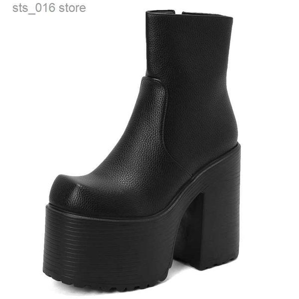 Bot siyah beyaz punk tarzı tıknaz topuklu platform ayak bileği botları kadınlar için sonbahar kış patik ayakkabı bayanlar yüksek topuklular kısa botlar t230824