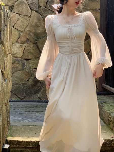 Grundlegende Freizeitkleider, elegantes Midi-Kleid für Frauen, Sommer, Vintage-Stil, französisches Korsett, gerafft, figurbetont, lange Laternenärmel, Abendrobe, weiblich, schlank, Vestidos 230824