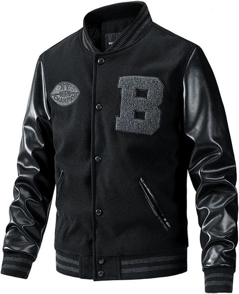 Мужские куртки мужская модная обзорная куртка уличная одежда Slim Fit College Baseball Bomber Bomber Toam с кожаным рукавом 230824