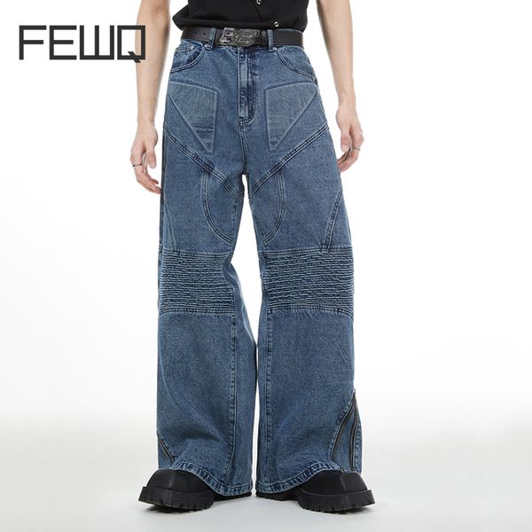 Herrenjeans FEWQ Niche Splicing Design Washed Straight Tube Loose Fitting Wornout Wide Leg Pants Korean Fashion 9A1358 230825