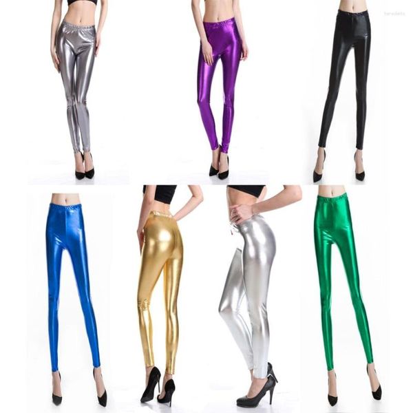 Calças femininas mulheres leggings de couro falso olhar molhado metálico legging calças estiramento megging adulto cintura elástica magro