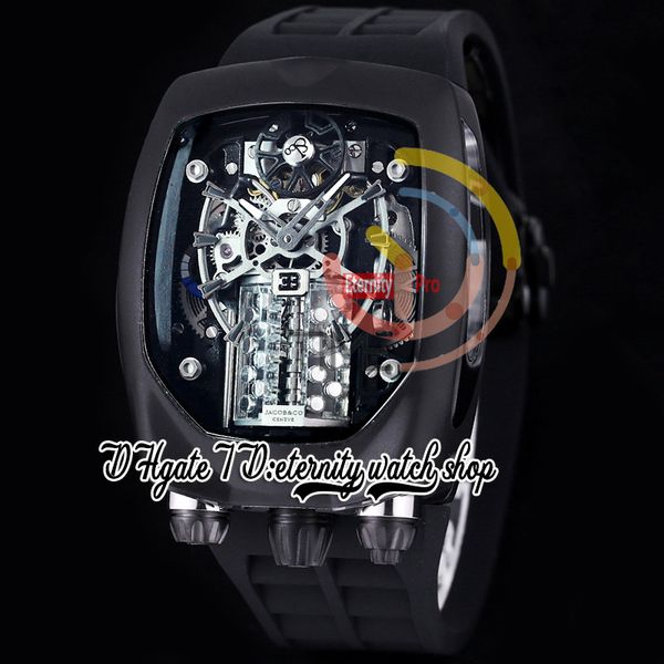 Bugatti Chiron Tourbillon Autoamtic Mens Watch 16 цилиндрических двигателей скелет Dial Black Pvd Стальный корпус резиновый ремешок Super Edition Eternity Watches BU200.21.AE.AB.A