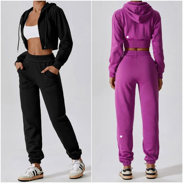 Lu Lu Outfit Yoga Mulheres Inverno Encapuzado Tops Calças Um Conjunto Jaquetas de Manga Calça Longa Excerise Esporte Ginásio Correndo Jaqueta Elástica Sportwear Hoodies