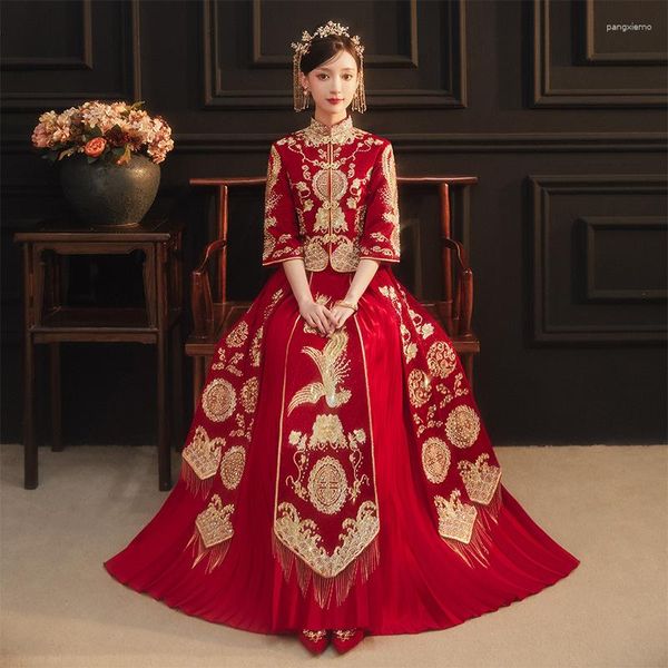 Этническая одежда сексуальная женщина Cheongsam xiuhe Braising Frome костюм Phoenix вышивка свадебные платья для китайских традиционных вечерних платьев