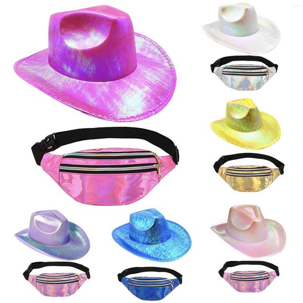 Berets holográfico rosa espaço cowgirl chapéu brilhante saco de cowboy glitter conjunto halloween vaca menina diversão rodeo festa chapéus traje accessorie