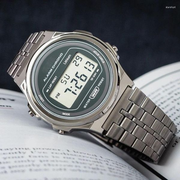 Armbanduhren 2023 LED Digtal Uhr für Frauen Uhr Watschen Stahlgurt Männer Runde Business Uhr Multifunktionssportgelenk Handgelenk
