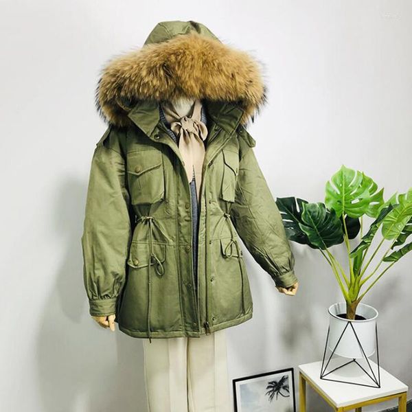 Frauen-Trench-Mäntel Novel Big Natural Waschbär-Pelz-Daunenjacke Frauen-Winter-Kragen verdicken 90% weiße Ente Parka für