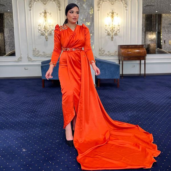 Orange Etui-Abendkleider mit abnehmbarer Schleppe, Kristallperlen, gerüschtes formelles Kleid, Saudi-Arabien, Damen-Geburtstagsparty trägt 326 326