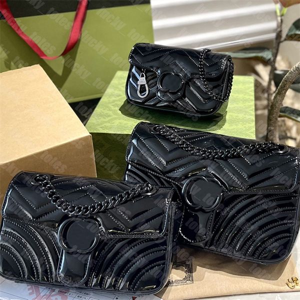 Bolsa de couro de patente Mulheres Designer Marmont Crossbody Bags 3 Tamanho 26cm 22cm 17cm Correntes Bolsa de Ombro Cruz Corpo G Bolsa Preta Bolsas