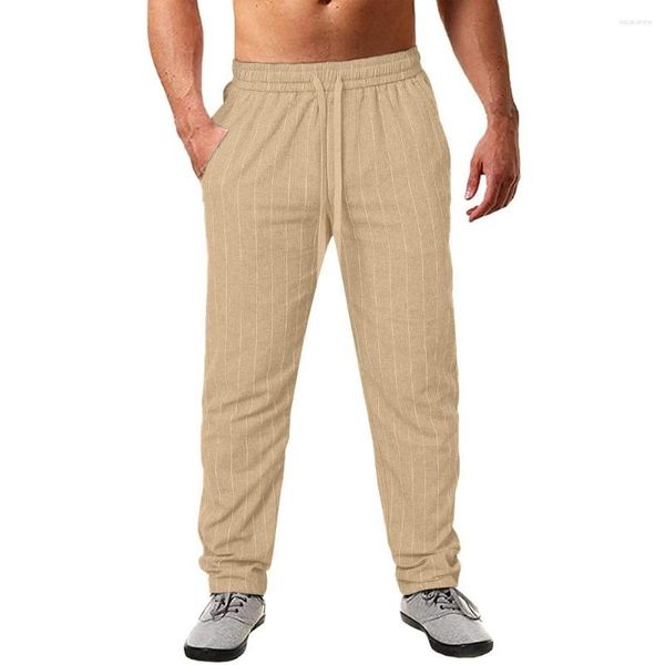 Calças masculinas listradas com tiras lápis slim-fit cintura elástica estiramento praia outono