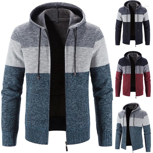 Suéter masculino de inverno com capuz, suéter de lã pesada, cardigã com zíper, jaqueta solta casual, moda patchwork, sobretudo de malha