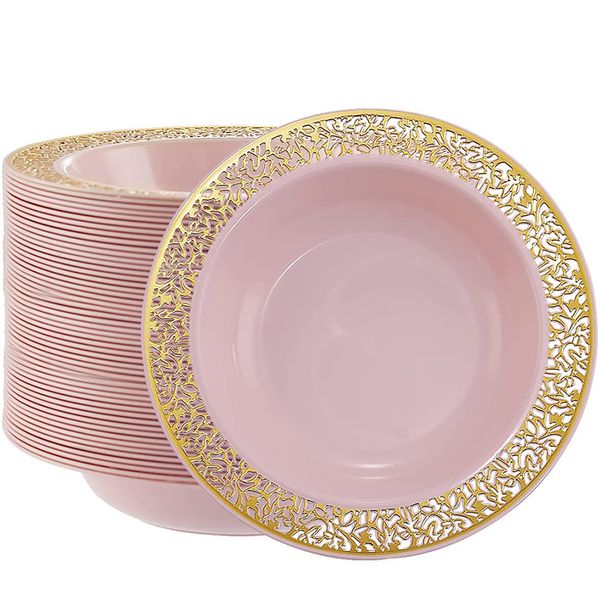 Louça descartável rosa tigela de plástico 12 oz sobremesa sopa pesada com borda oca dourada festa de casamento suprimentos 230825