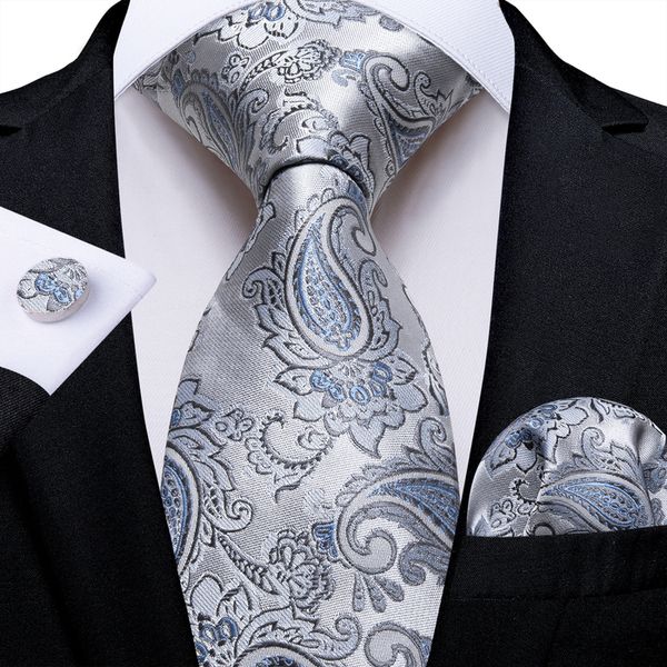 Krawatten Ankunft Luxus Seidenkrawatte Set Hochzeitsaccessoires Grau Blau Paisley Herrenkrawatte Einstecktuch Manschettenknöpfe Geschenk für Männer DiBanGu 230824