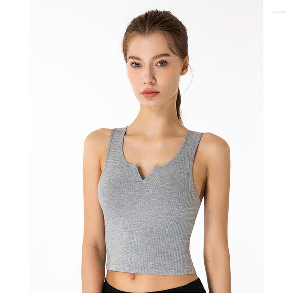 Aktive Shirts mit Logo, sexy, enges Sport-Tanktop für Damen, elastisch, atmungsaktiv, V-Ausschnitt, Fitnessstudio, Übung, vierfarbiges Nylon, schnell trocknend