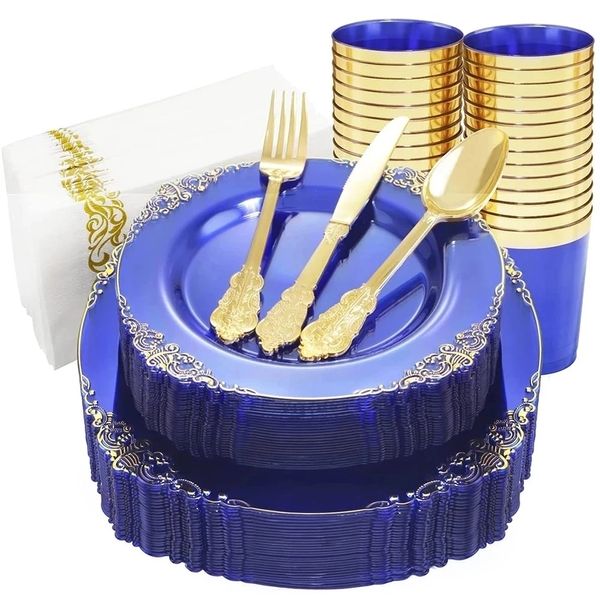 Одноразируемый ужин -столовый приборы чистый синий пластиковый обеденный залог Золотой серебряный салфет