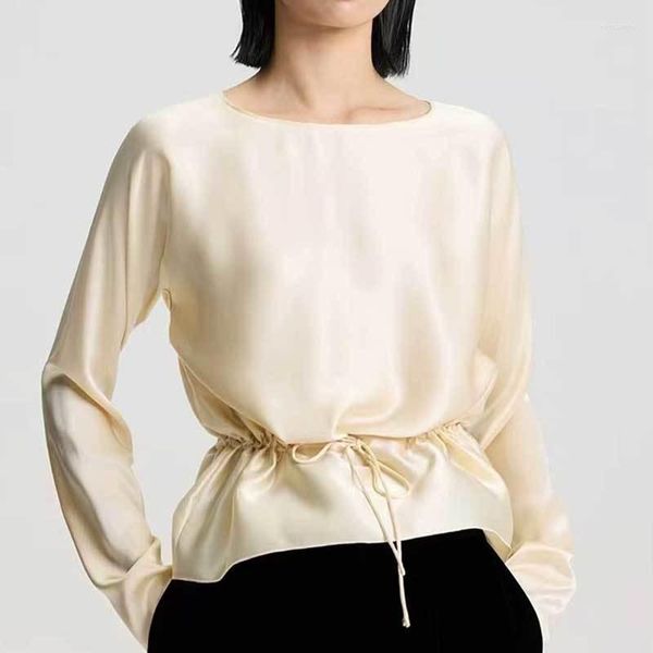 Damenblusen Y2K Solid Silk Pullover Shirt Mode Rundhalsausschnitt Lace Up Taille Langarmbluse Frauen Schwarz Schlankheitskleidung 2Color
