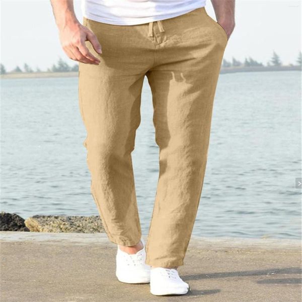 Pantaloni da uomo Casual Lino naturale Tinta unita Lacci Pittura Pantaloni larghi Taglie forti Pantaloni da spiaggia alla moda Pantaloni da esercizio