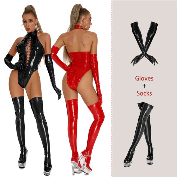 Sexy Set AIIOU Sexy Dessous Bodys Frauen Latex Leder Dessous Erotischer Bodysuit mit Handschuhen und Socken Herrin Sex Kostüme Teddy 230825