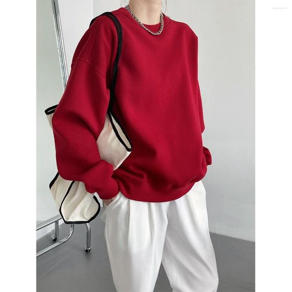 Felpe con cappuccio da donna HXJJP 2023 Autunno Vino Rosso Felpe oversize coreano O-Collo allentato Bf pullover a maniche lunghe Top