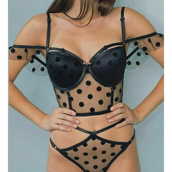 Seksi kadın iç çamaşırı sutyen kırpılmış Budier polka nokta dantel kapalı omuz braliette sutyen üst bel g-string iç çamaşırı set265c